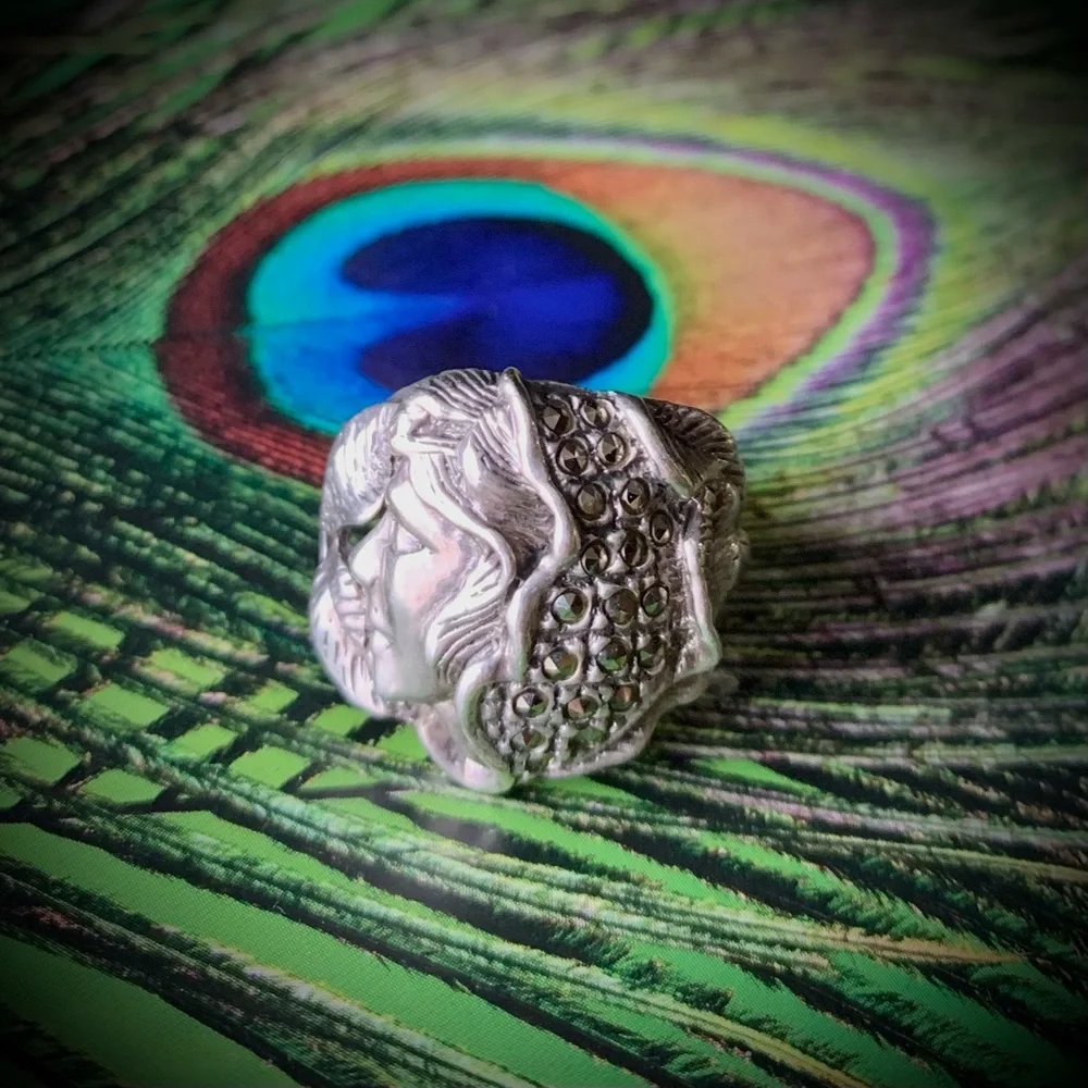 Vintage Woodland Goddess Marcasite sterling silver ring